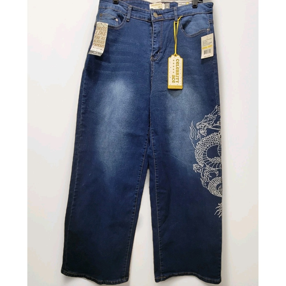 Women's Wide Leg Jeans Size 16 Large Dragon Graphic Y2K Baggy By Celebrity Ace